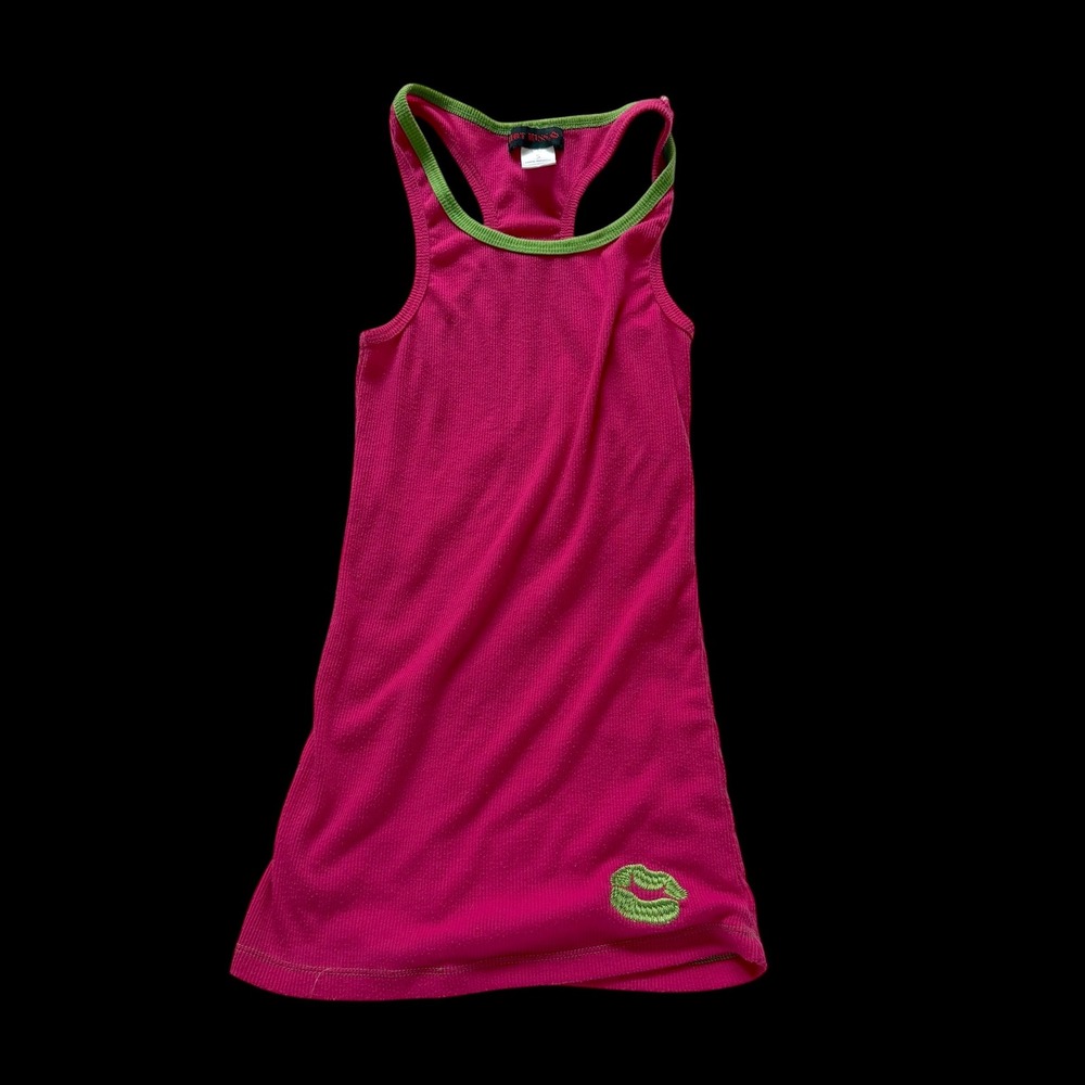 Y2K Mcbling Hot Kiss Pink Ribbed Racerback Tank Top Green Trim Lips Small
